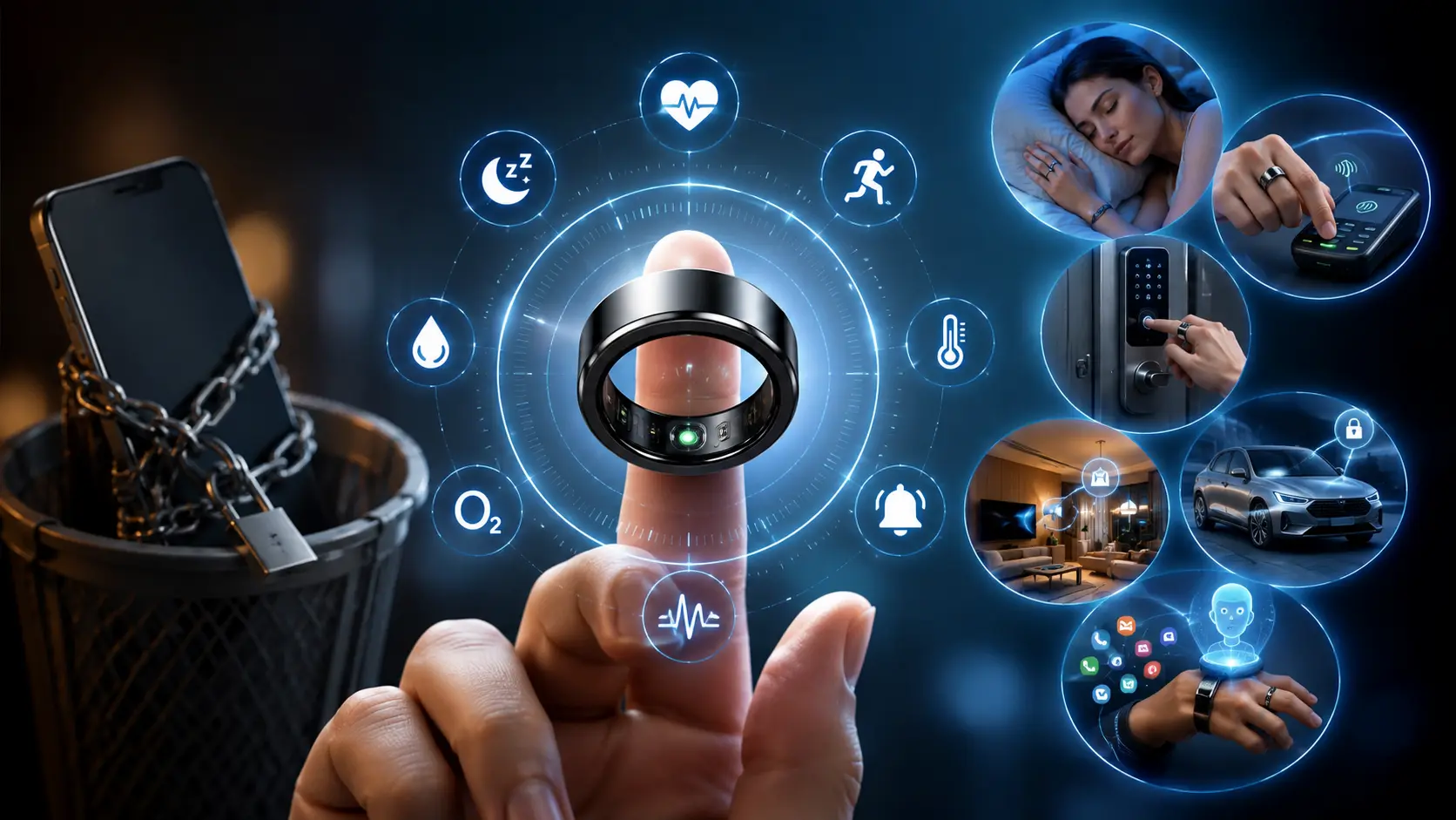 AI Smart Ring features and benefits showing health tracking, sleep monitoring and smart lifestyle technology