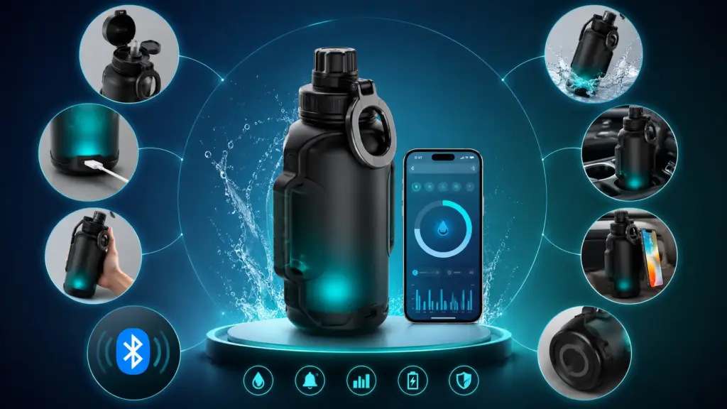Smart water bottle with hydration tracking app, LED reminder, Bluetooth connectivity and modern smart features.