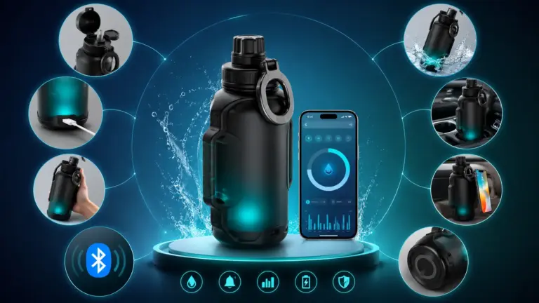Smart water bottle with hydration tracking app, LED reminder, Bluetooth connectivity and modern smart features.